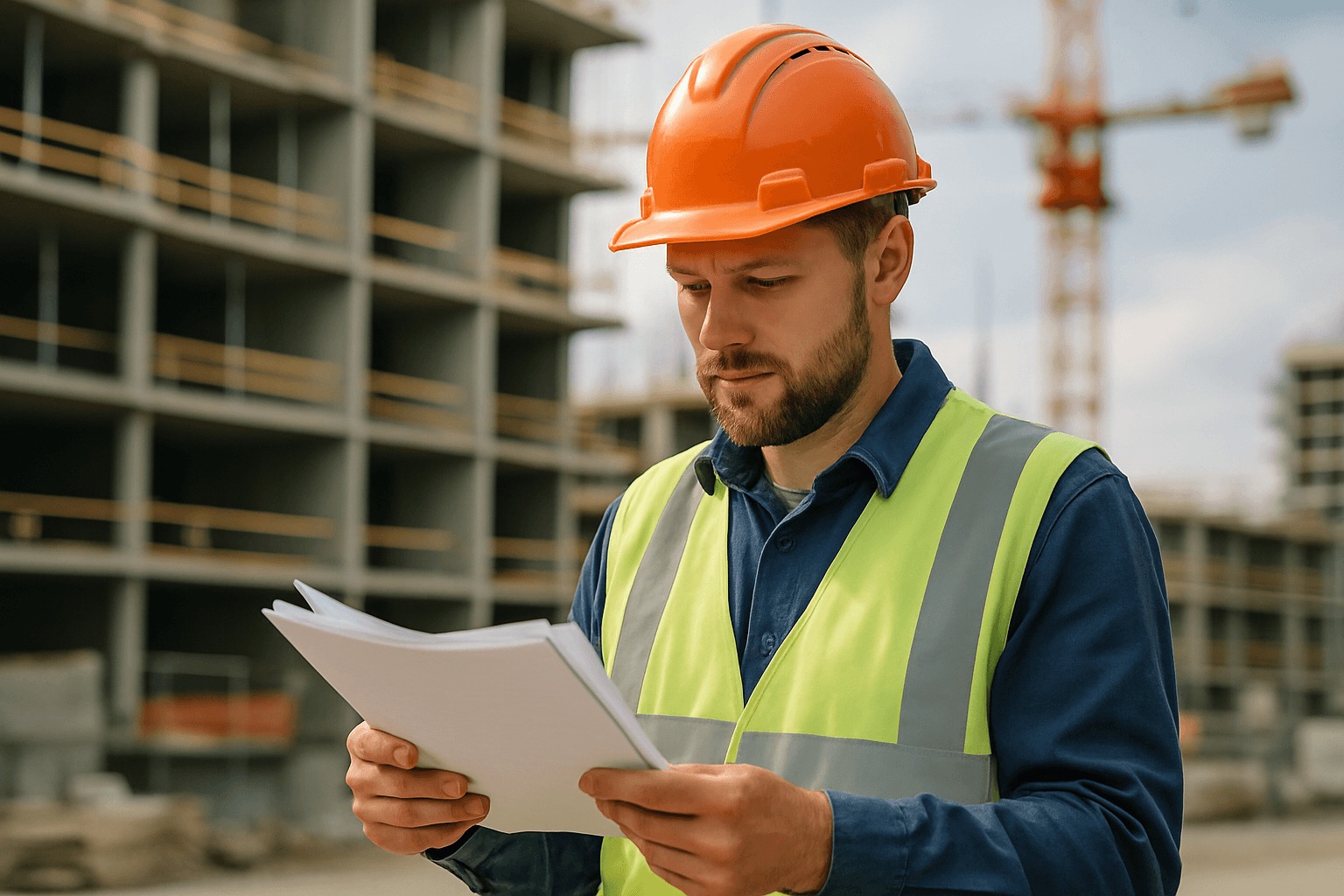 Bauarbeiter mit Helm und Warnweste auf der Baustelle prüft Unterlagen