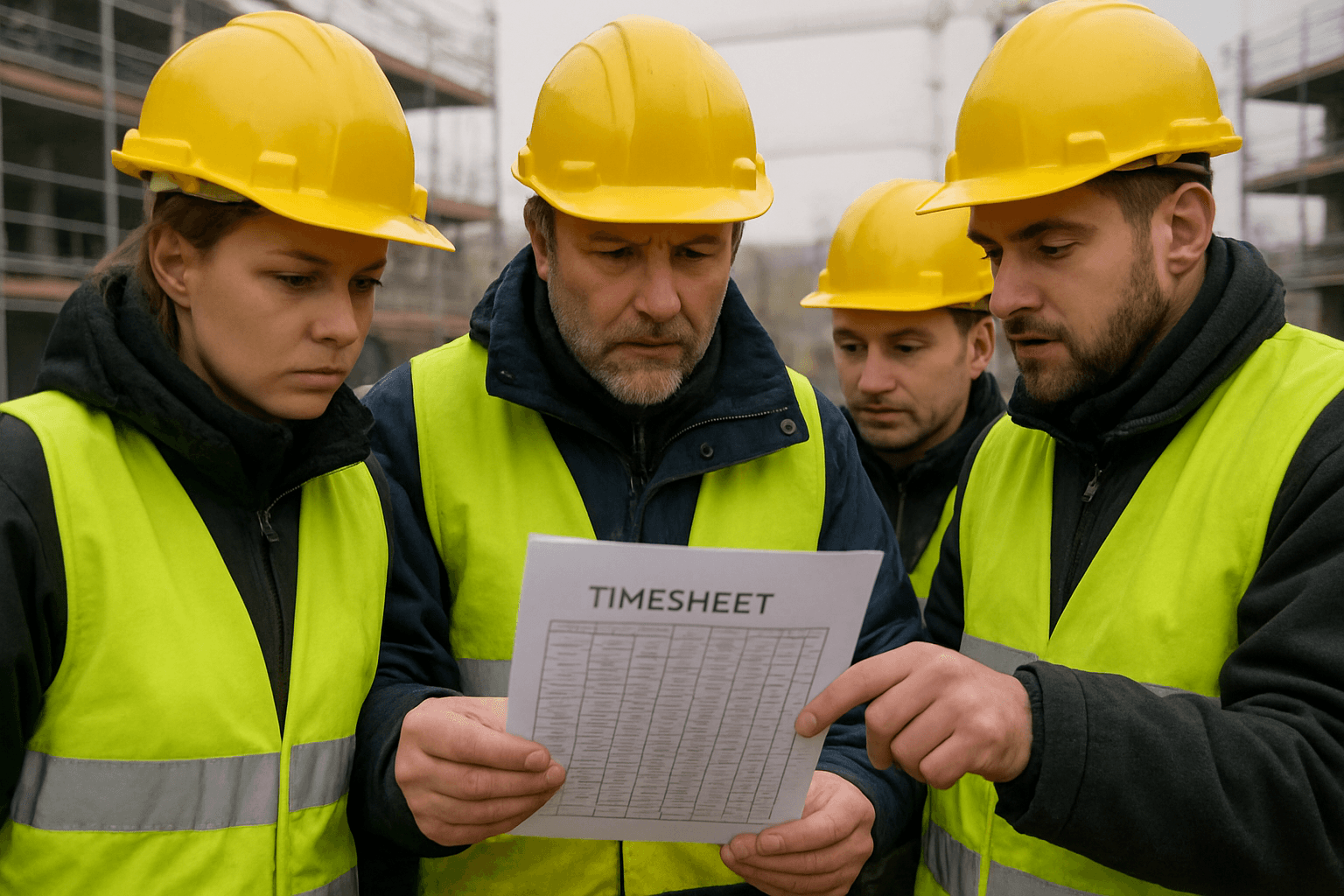 Bauarbeiter mit Helm und Warnweste prüfen Stundenzettel auf der Baustelle