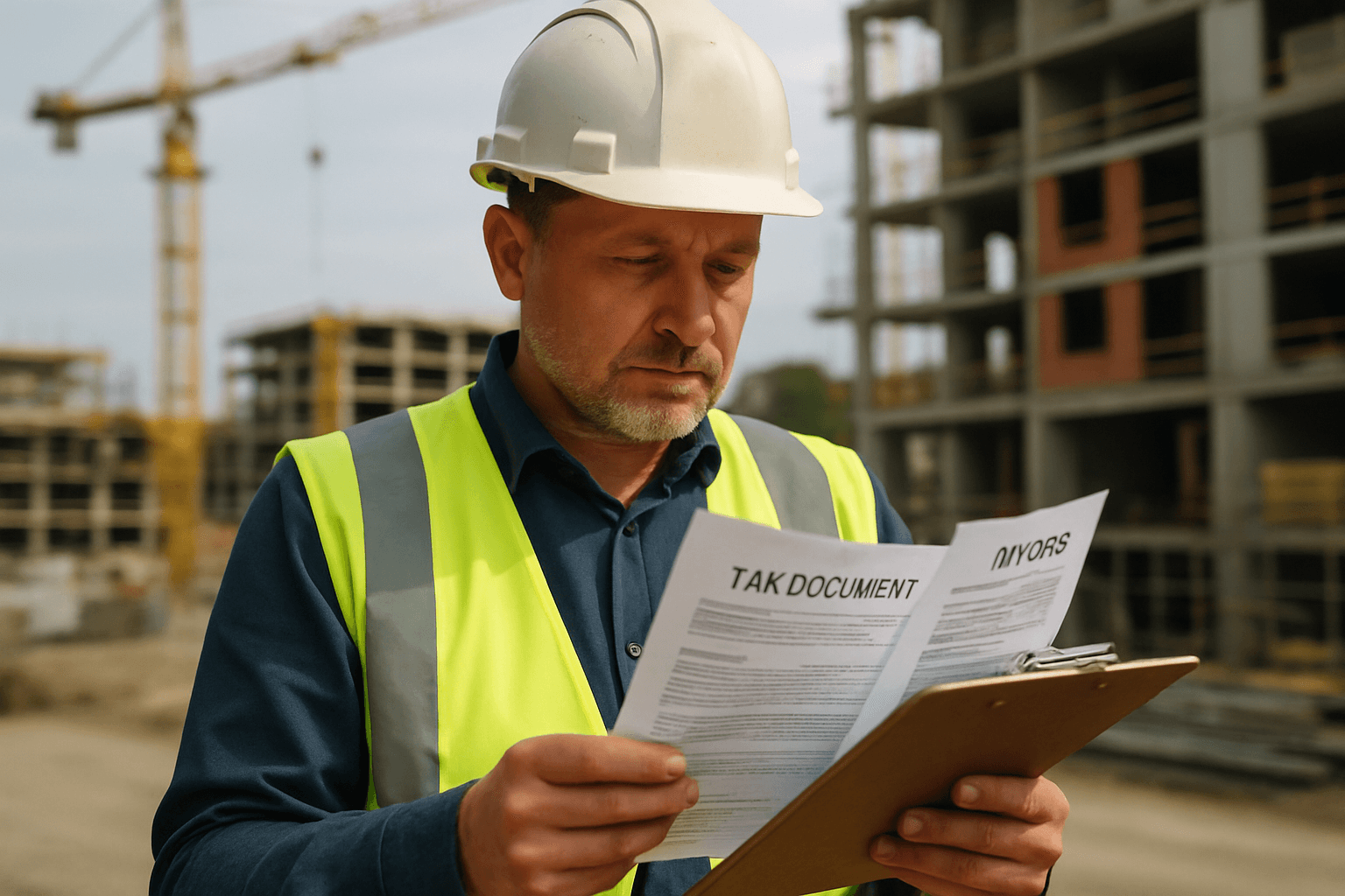 Bauunternehmer mit Helm prueft Rechnungen und Steuerunterlagen auf der Baustelle
