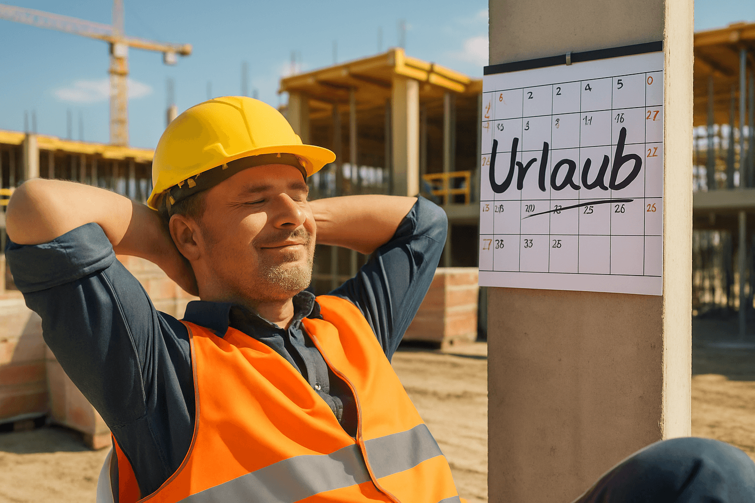 Bauarbeiter mit Helm und Warnweste macht Pause auf sonniger Baustelle