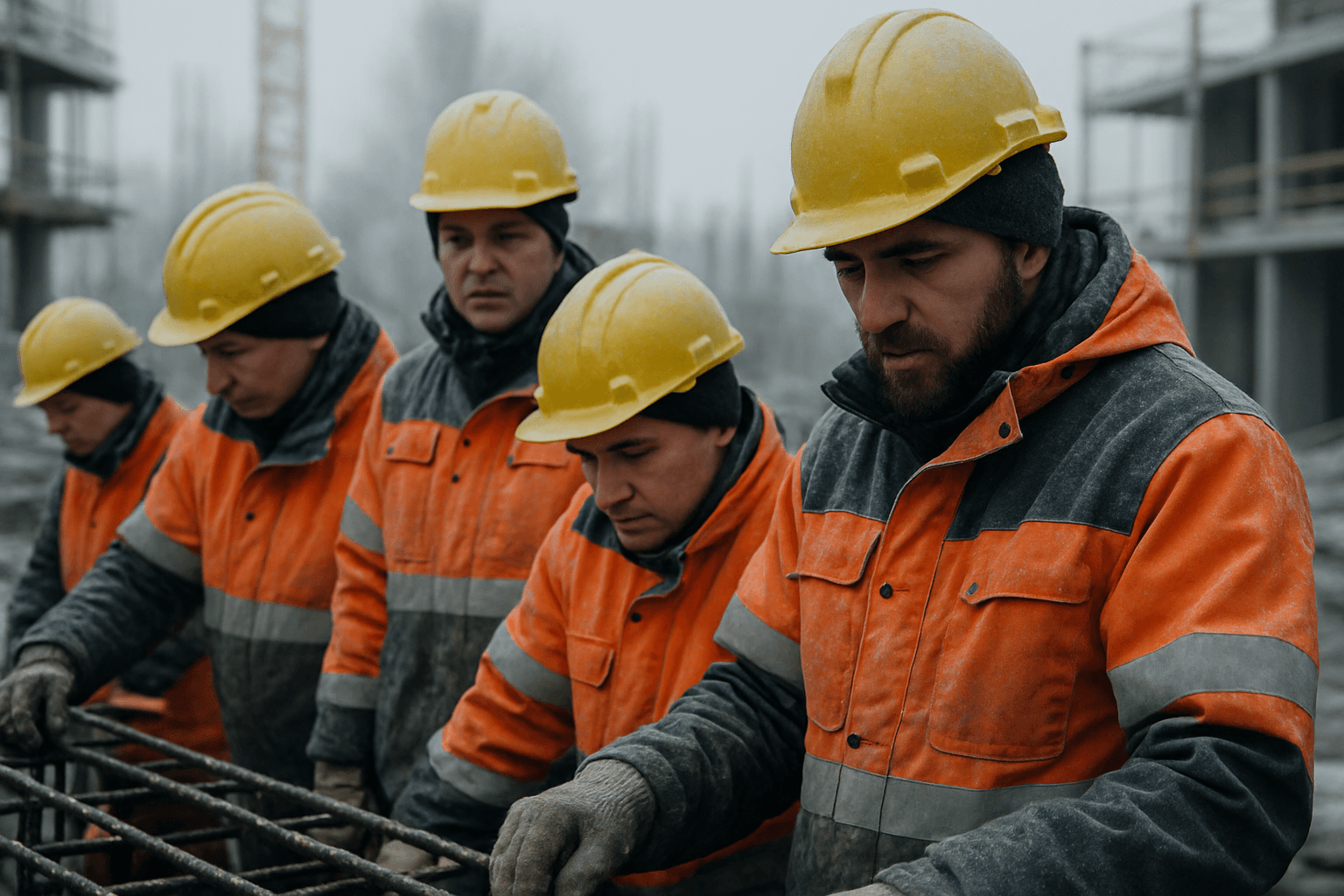 Bauarbeiter mit Helm und Winterjacke arbeiten bei Frost auf der Baustelle