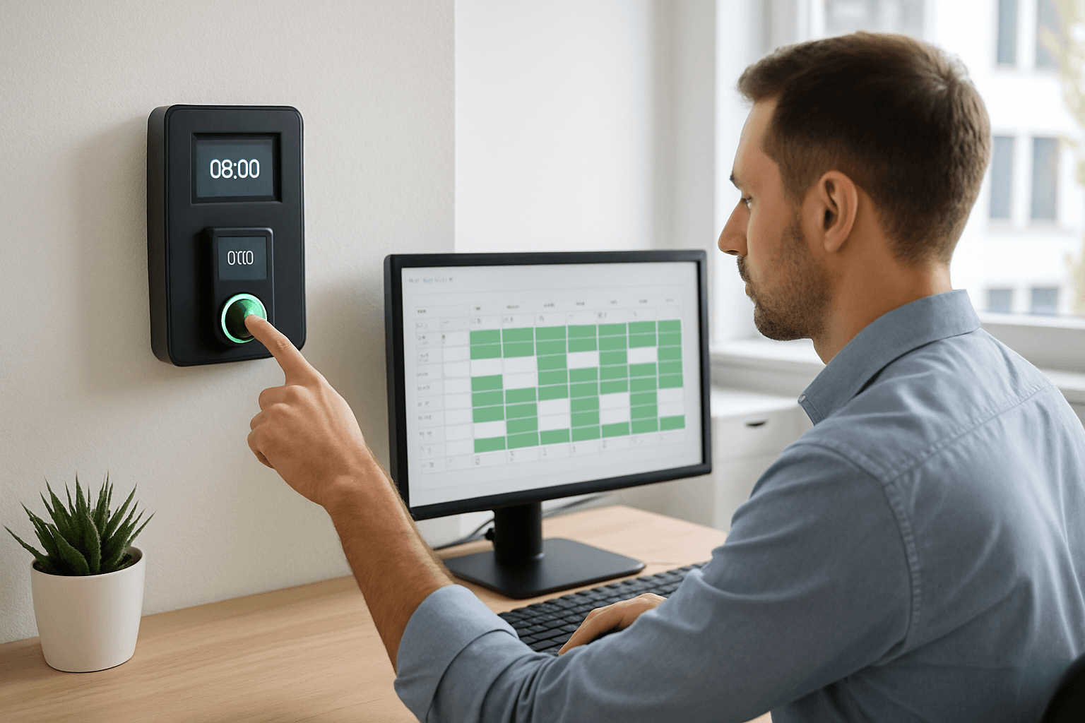 Mitarbeiter erfasst Arbeitszeit an einem digitalen Zeiterfassungsterminal im Büro