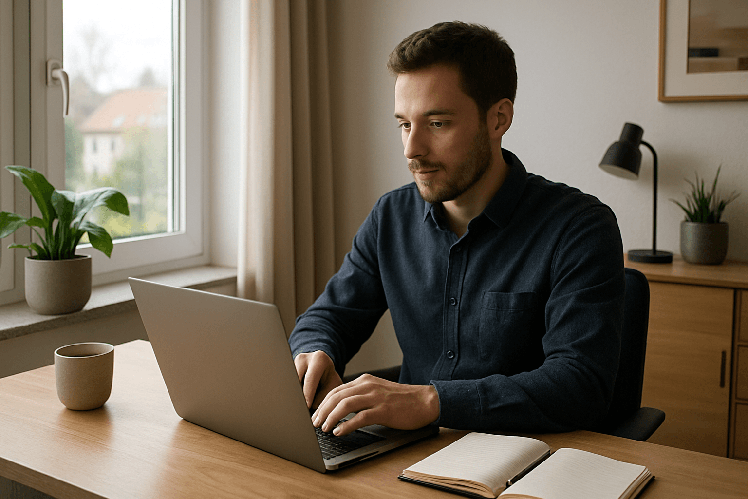 Person arbeitet im Homeoffice am Schreibtisch mit Laptop bei Tageslicht