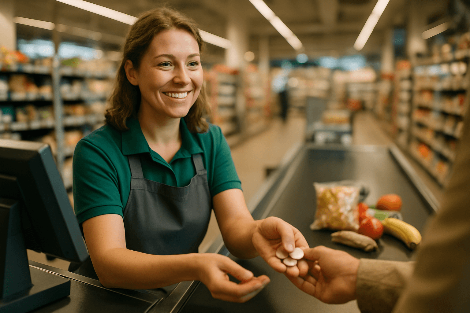 Freundliche Kassiererin bedient einen Kunden an der Kasse eines Supermarkts