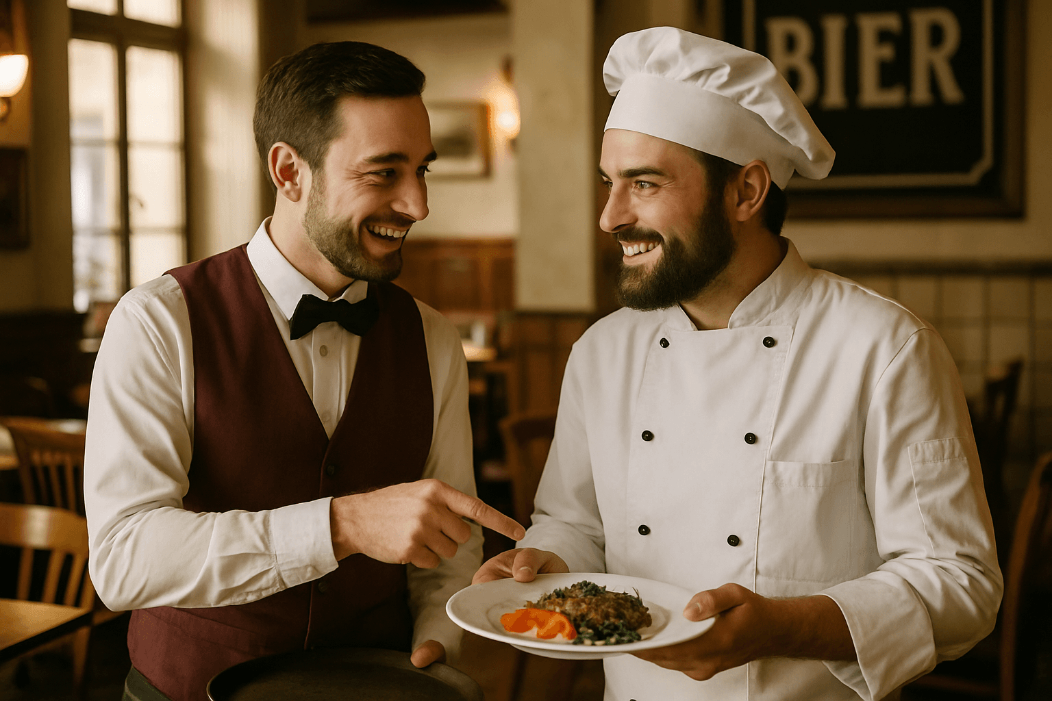 Kellner und Koch stimmen sich während des Service in einem Restaurant ab