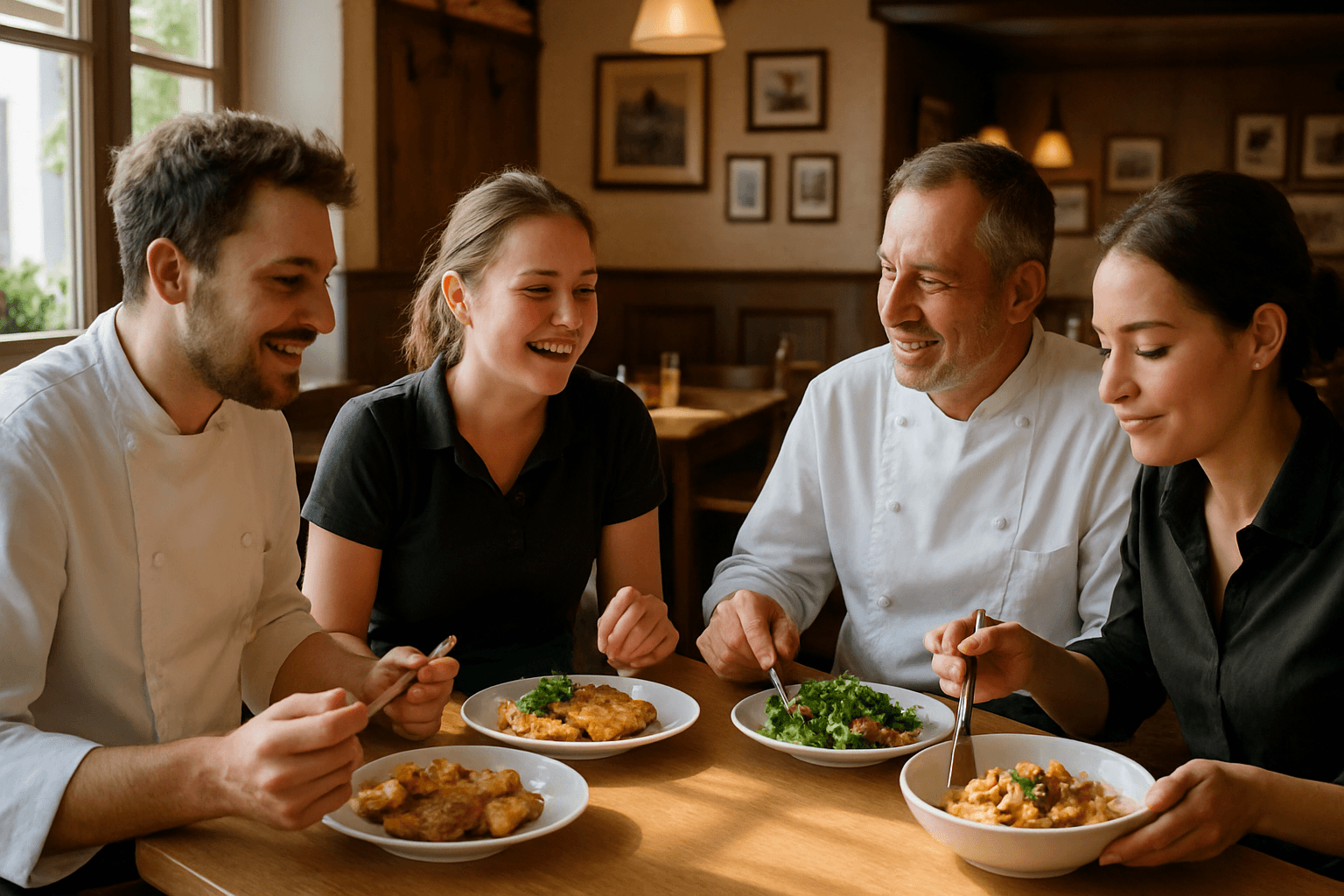 Restaurantteam isst gemeinsam an einem Tisch während einer Pause