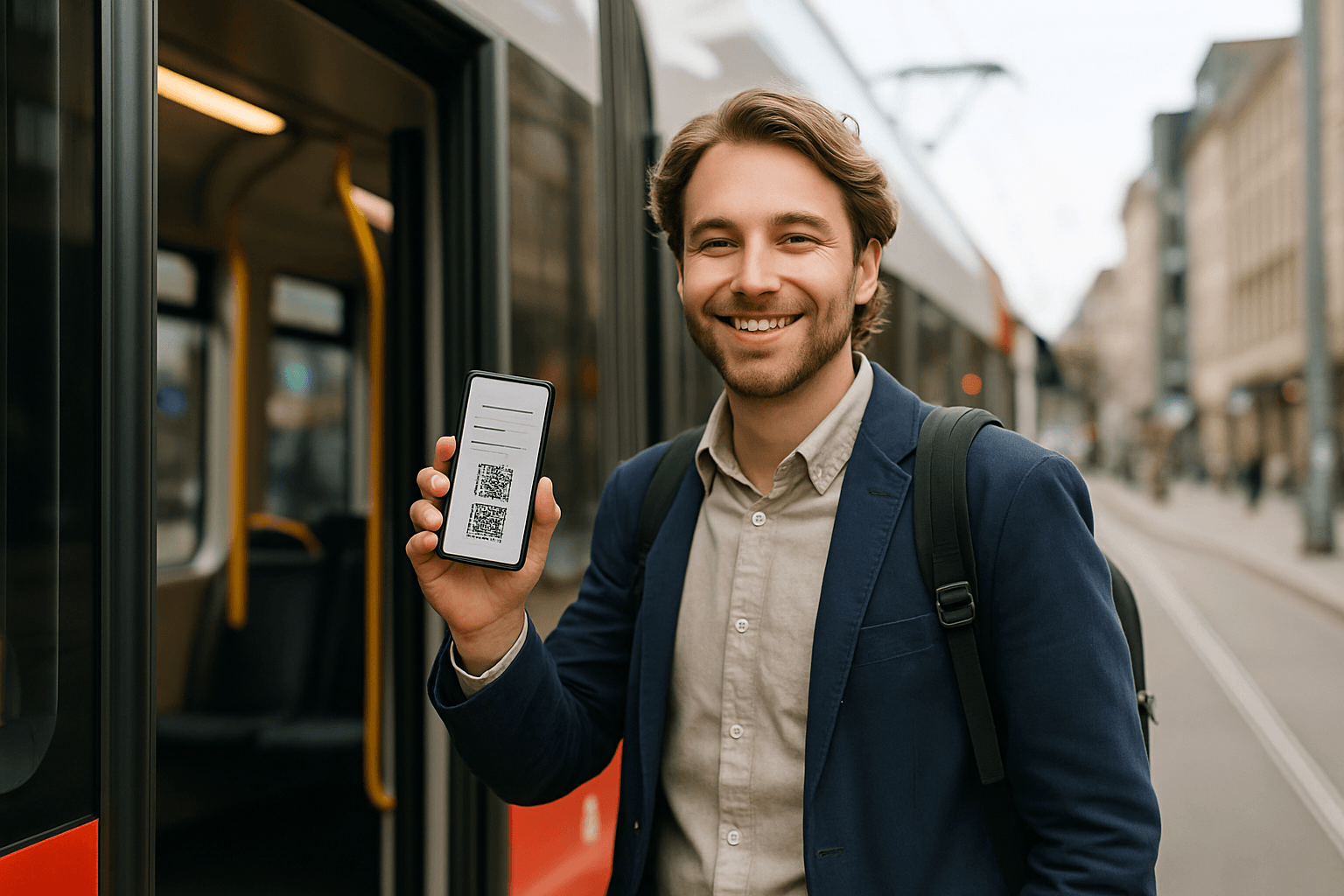 Pendler steigt mit digitalem Deutschlandticket auf dem Smartphone in eine moderne Bahn