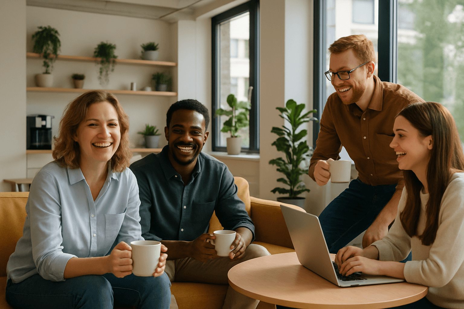 Zufriedenes Team in einem modernen Büro genießt gemeinsam Benefits in der hellen Pausenzone