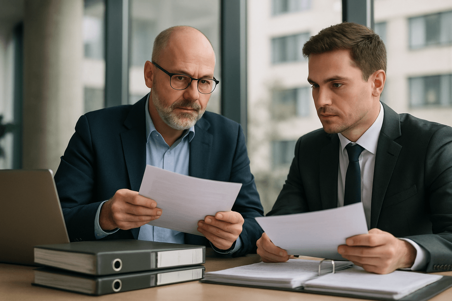 Prüfer und Unternehmer prüfen ruhig Unterlagen während einer Betriebsprüfung im Büro