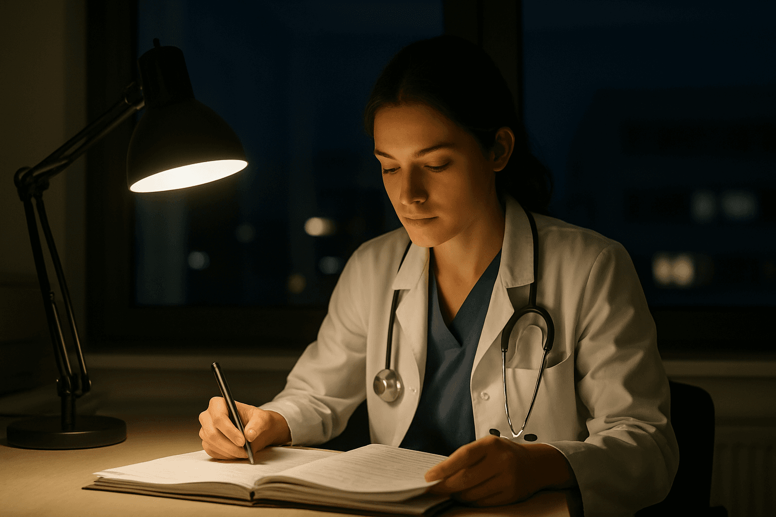Assistenzärztin im Nachtdienst beim Sichten von Patientenakten in einer modernen Klinik
