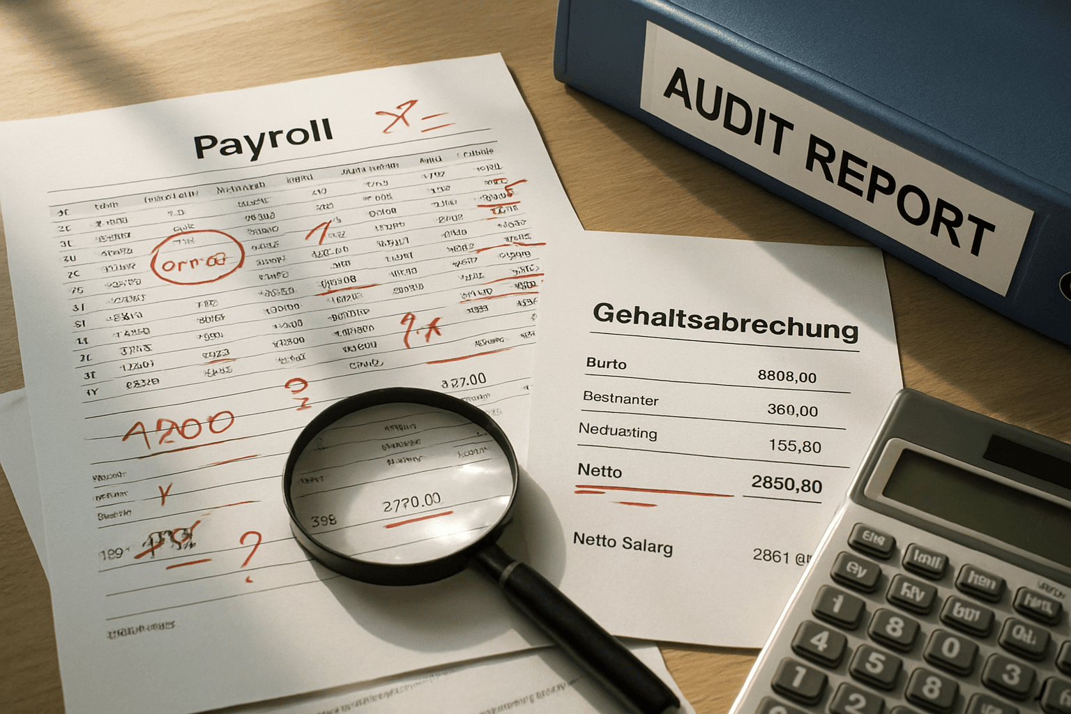Lohnunterlagen mit roten Korrekturmarkierungen unter der Lupe bei der Prüfung