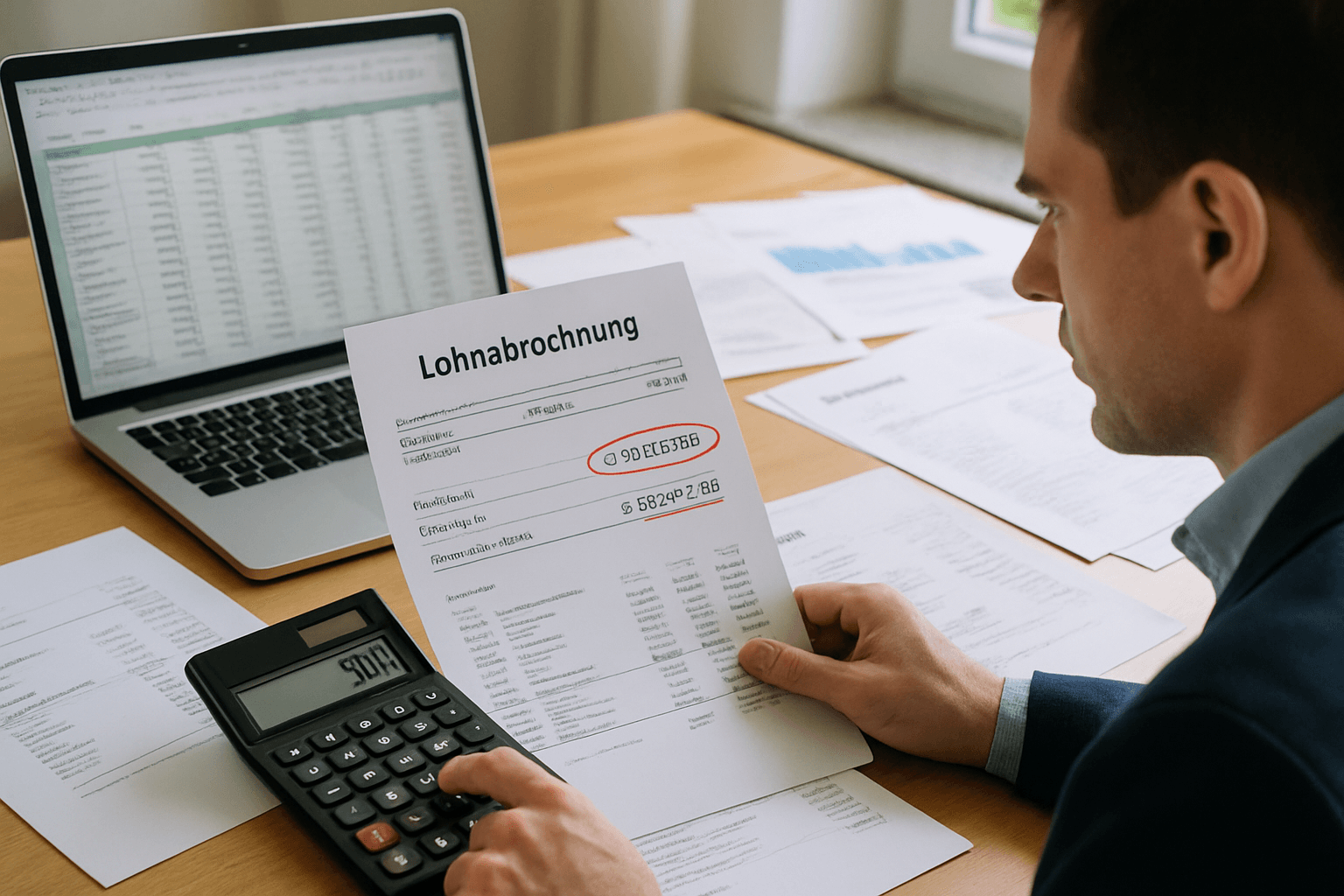 Buchhalter prüft eine Lohnabrechnung auf Differenzen zwischen geschuldetem und gezahltem Lohn