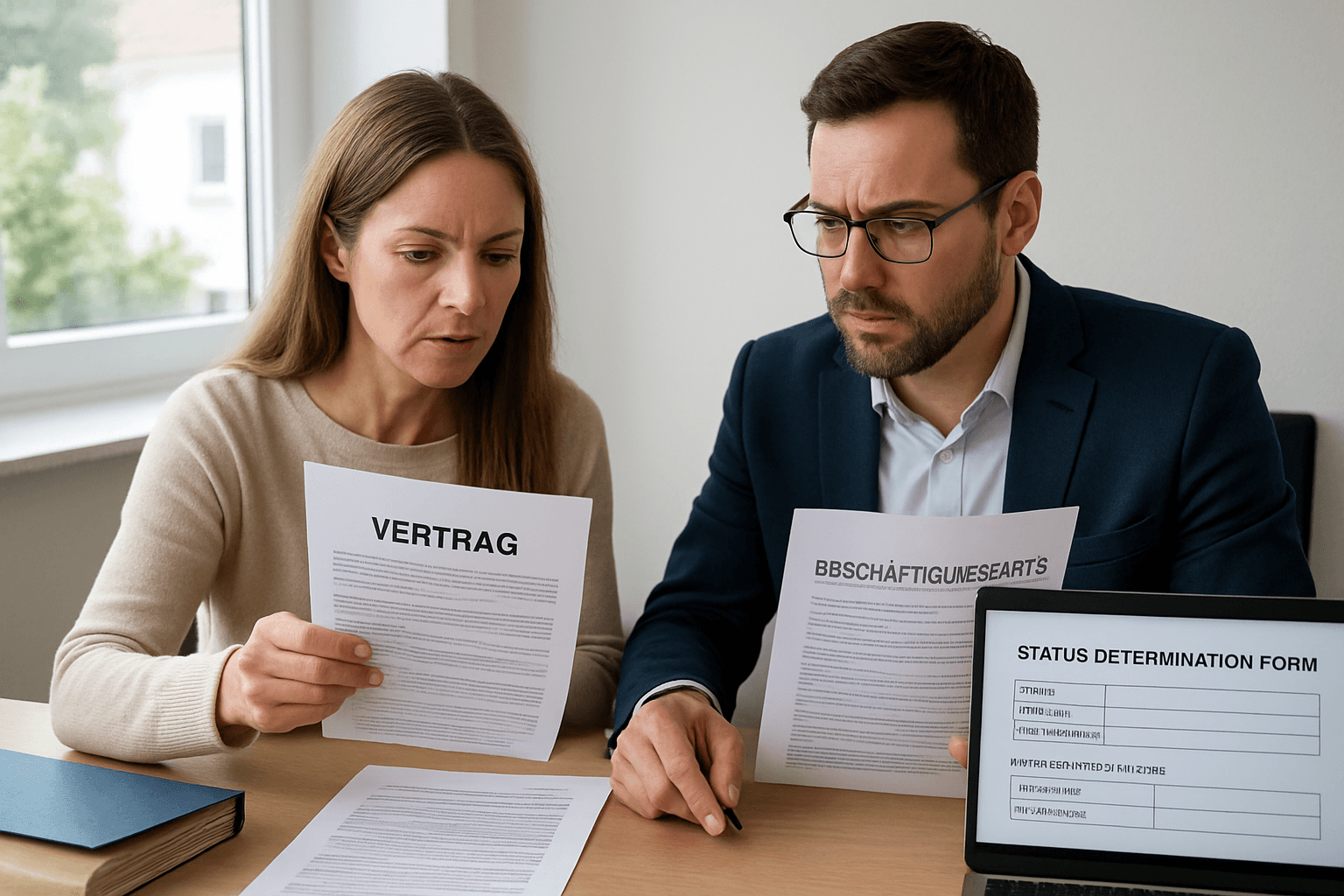 Freier Mitarbeiter und Unternehmer prüfen Vertrag und Statusfeststellung am Schreibtisch