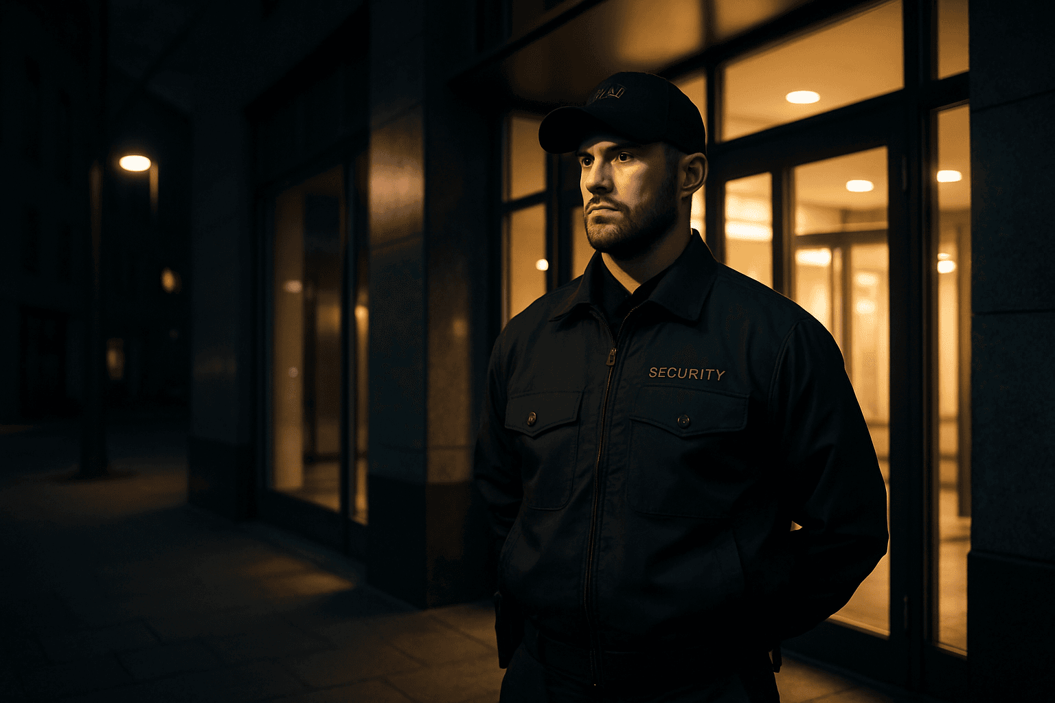 Sicherheitsmitarbeiter in Uniform im Nachtdienst vor einem beleuchteten Gebäude