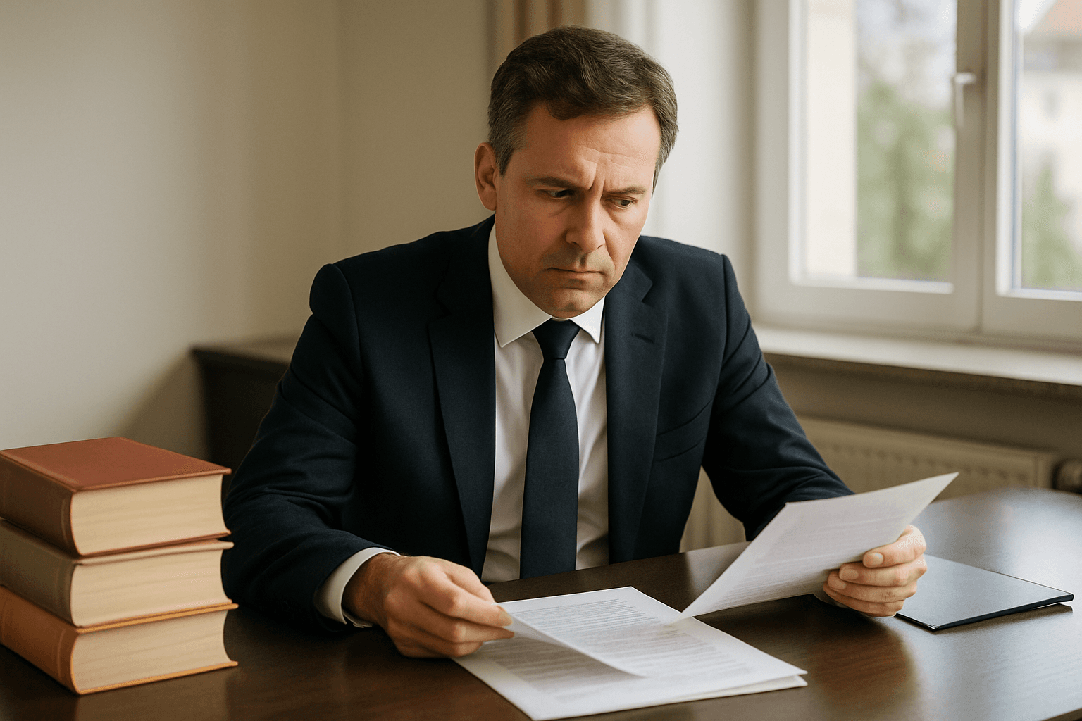 Steuerberater prüft Vertrags- und Haftungsunterlagen zur ausgelagerten Lohnabrechnung am Schreibtisch