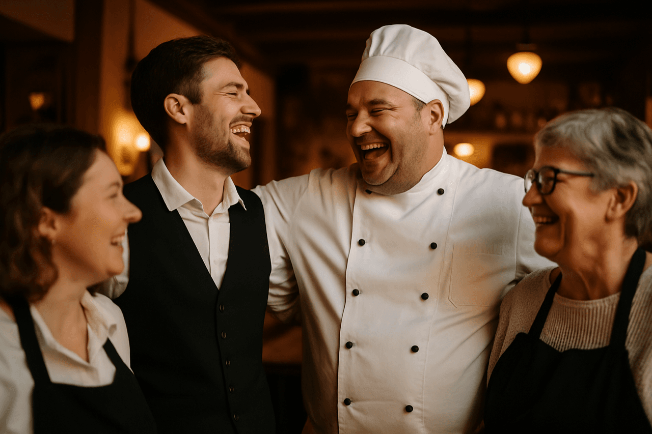 Servicekraft in der Gastronomie serviert Gästen mit einem Lächeln