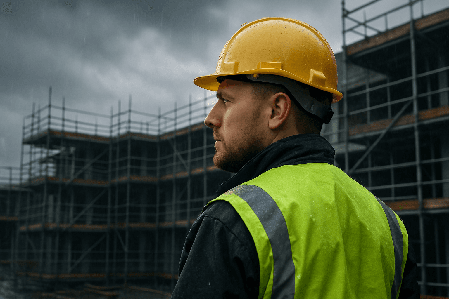 Bauarbeiter mit Helm und Warnweste auf nasser Baustelle bei schlechtem Wetter