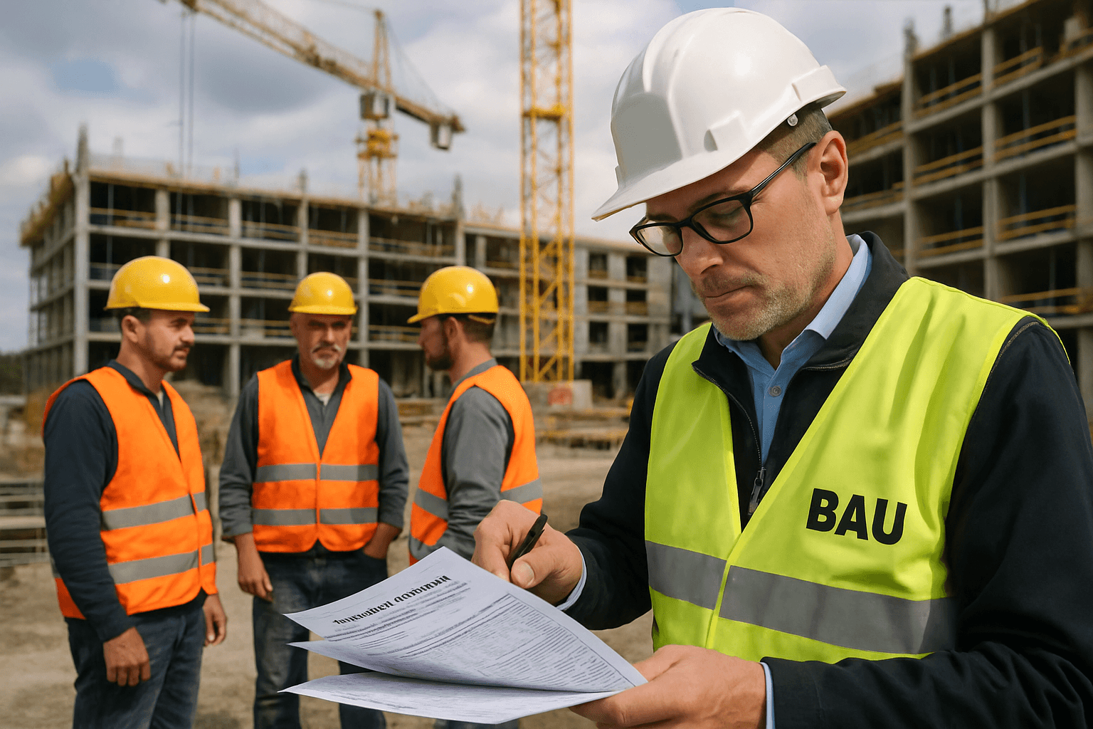 Grosse Baustelle mit Kran und Bauarbeitern in Helm und Warnweste