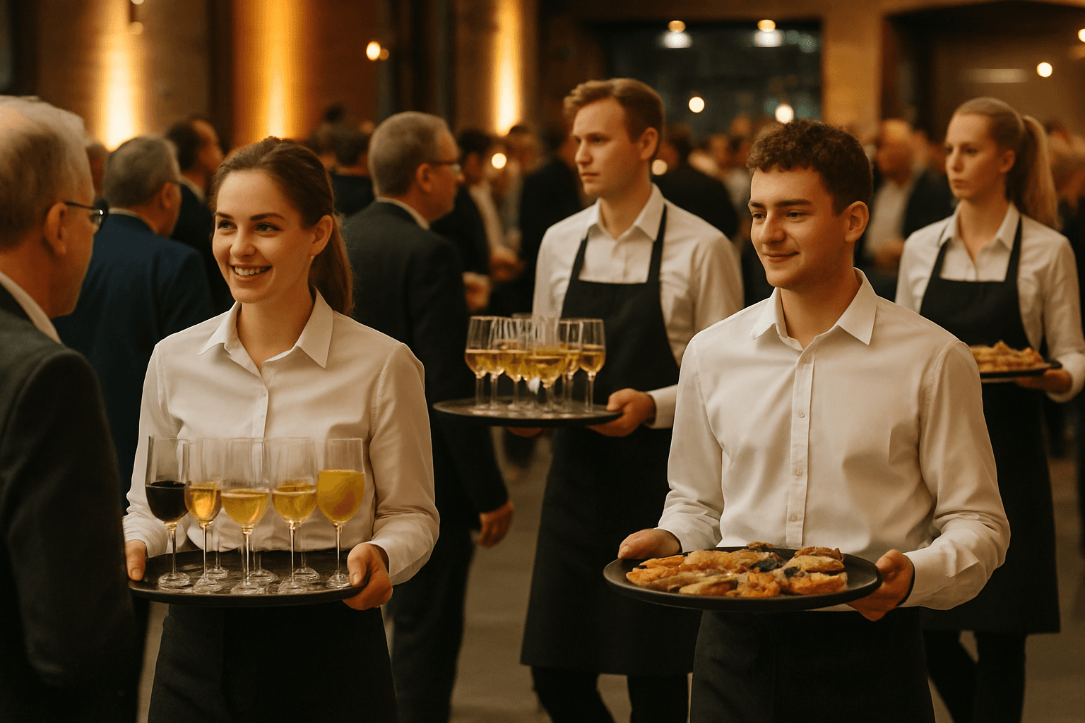 Freundliche Cateringkräfte servieren Gäste bei einer großen Veranstaltung