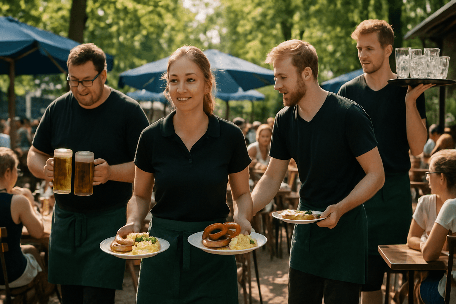 Saisonale Servicekräfte bedienen Gäste auf einer sommerlichen Terrasse