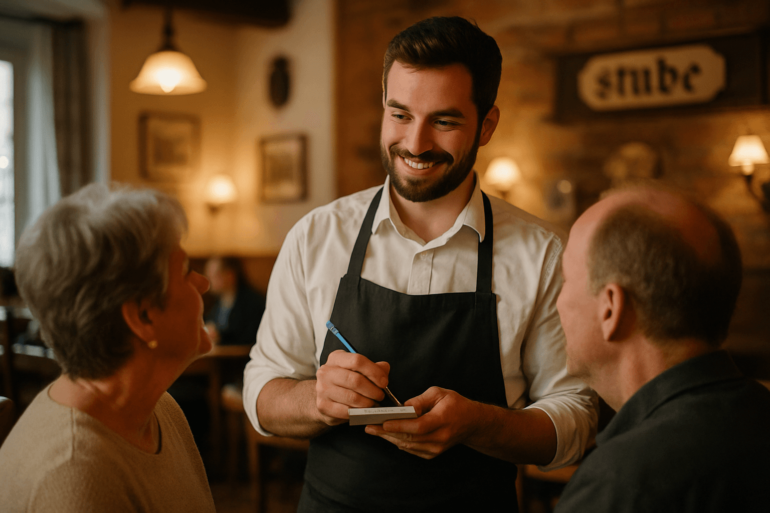 Freundlicher Kellner nimmt eine Bestellung von Gästen in einem Restaurant auf
