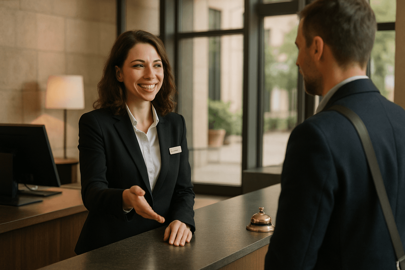 Freundliche Hotelrezeptionistin begrüßt einen Gast an der Rezeption