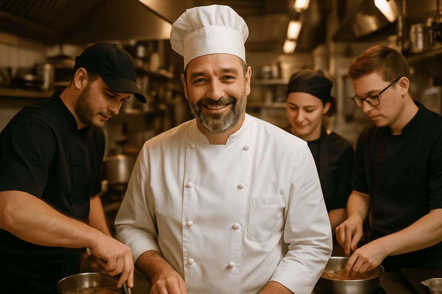 Koch und Küchenteam arbeiten zusammen in einer professionellen Restaurantküche