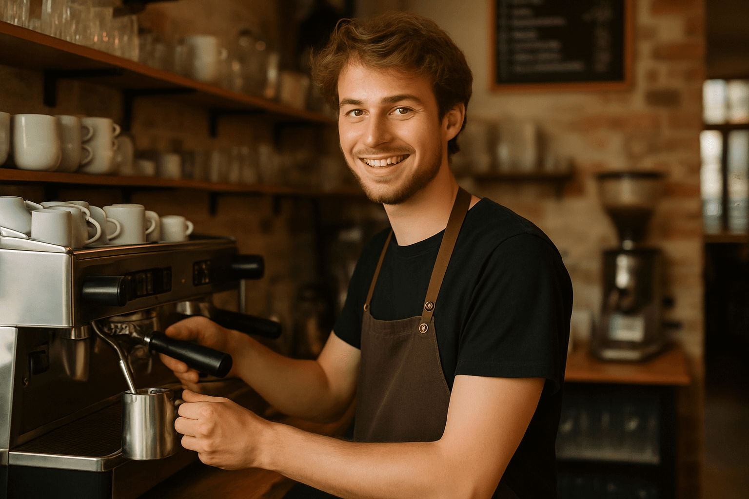 Freundlicher Barista bereitet Getränke an der Theke eines Cafés zu