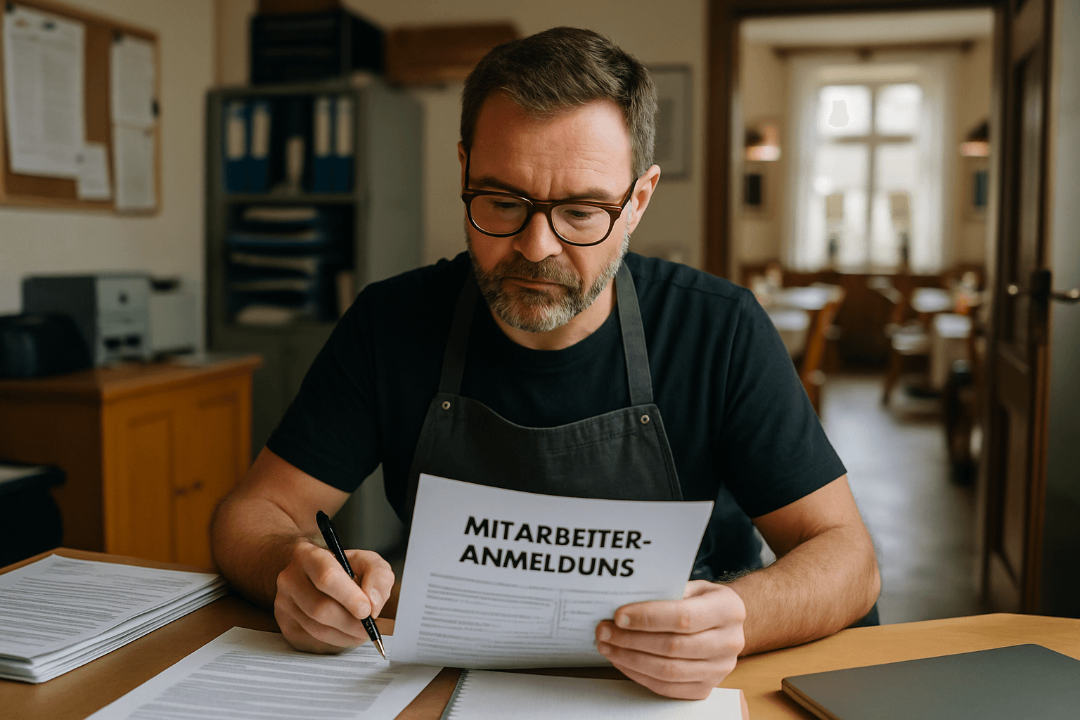Restaurantinhaber prüft Anmeldeunterlagen für Mitarbeitende im Büro