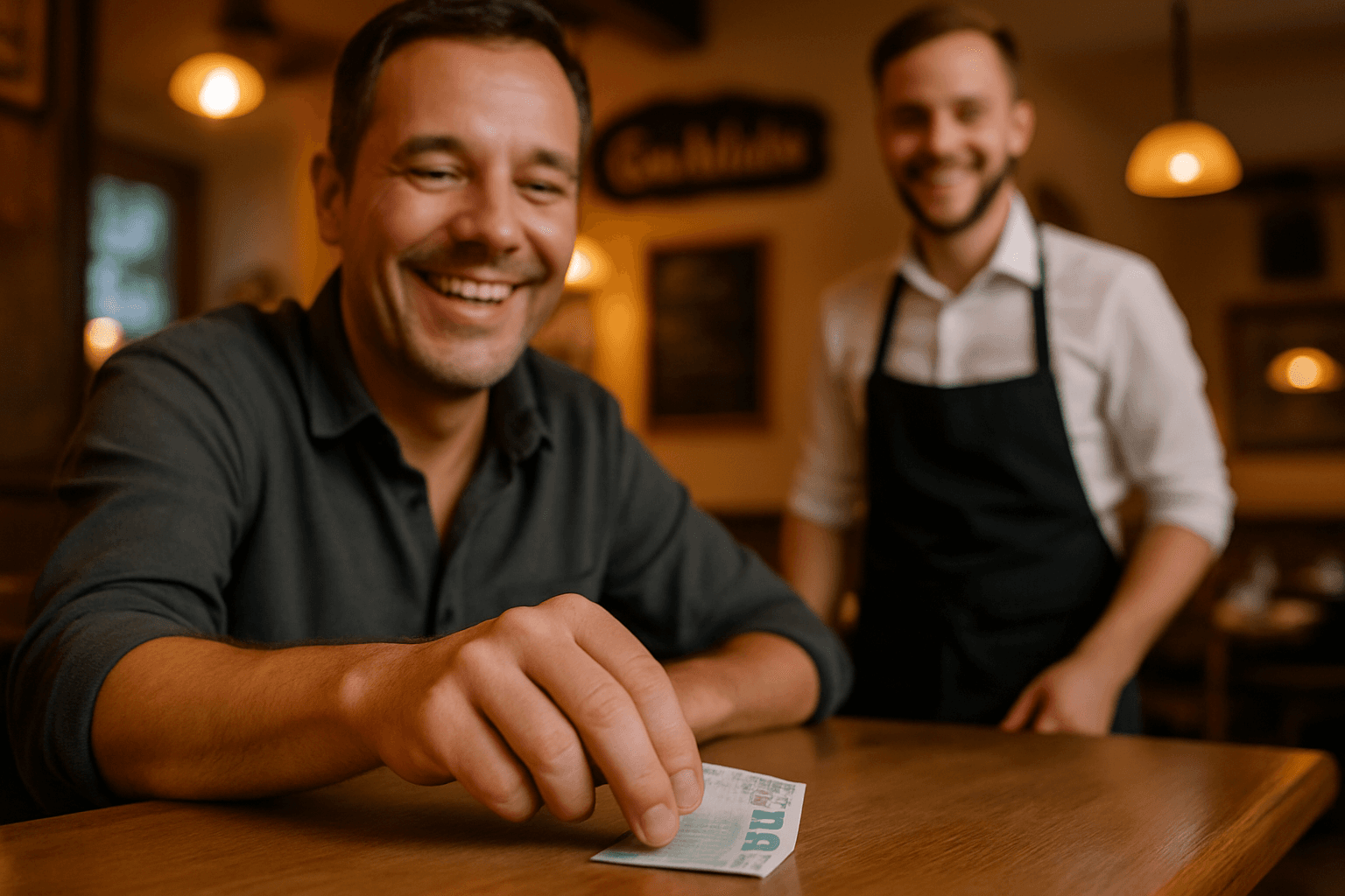 Gast hinterlässt Trinkgeld auf einem Restauranttisch, freundlicher Kellner im Hintergrund