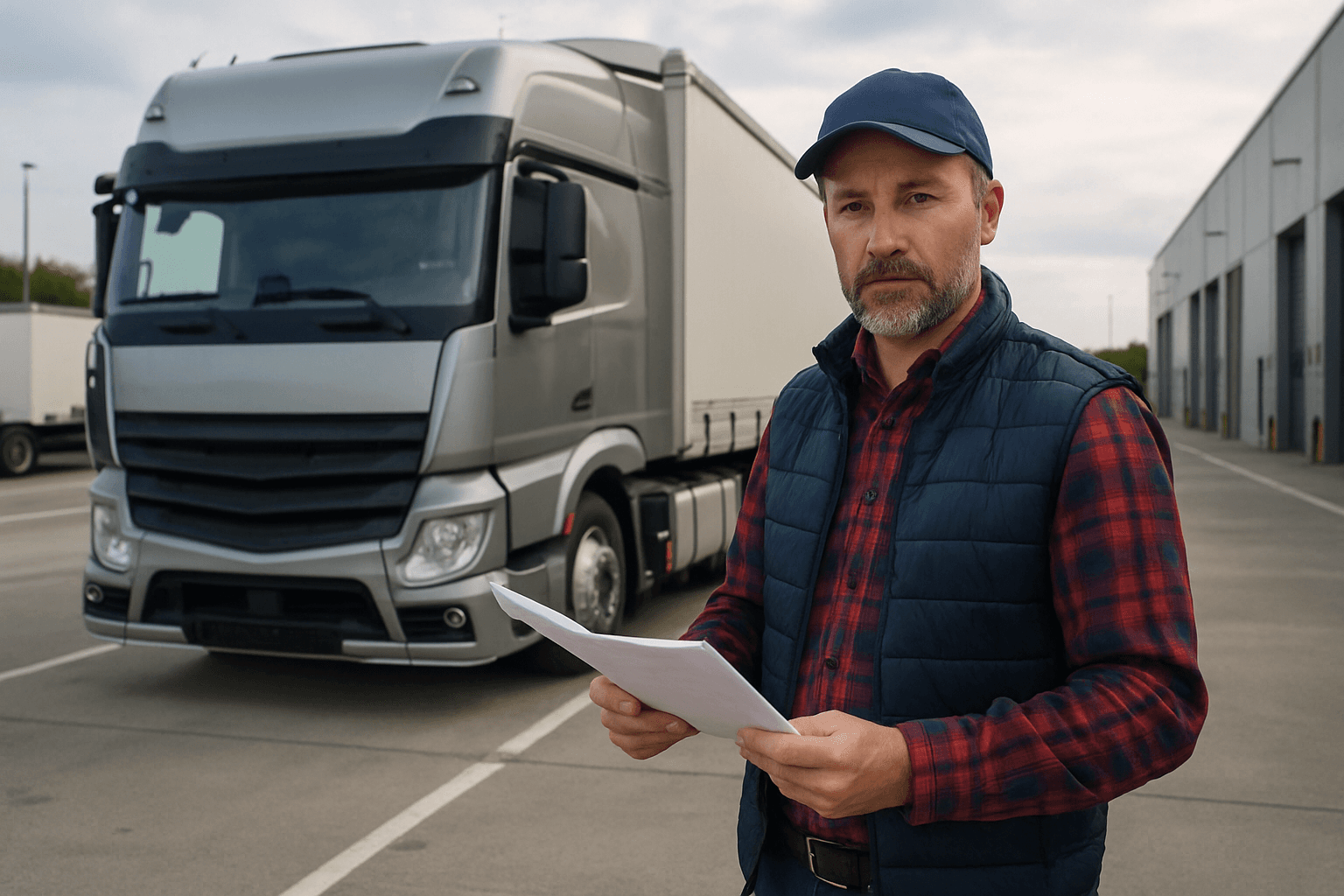 Berufskraftfahrer mit Unterlagen neben einem LKW auf einem Logistikgelände