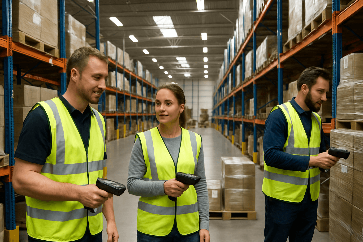 Logistikmitarbeiter mit Handscannern zwischen Paletten in einem Verteilzentrum
