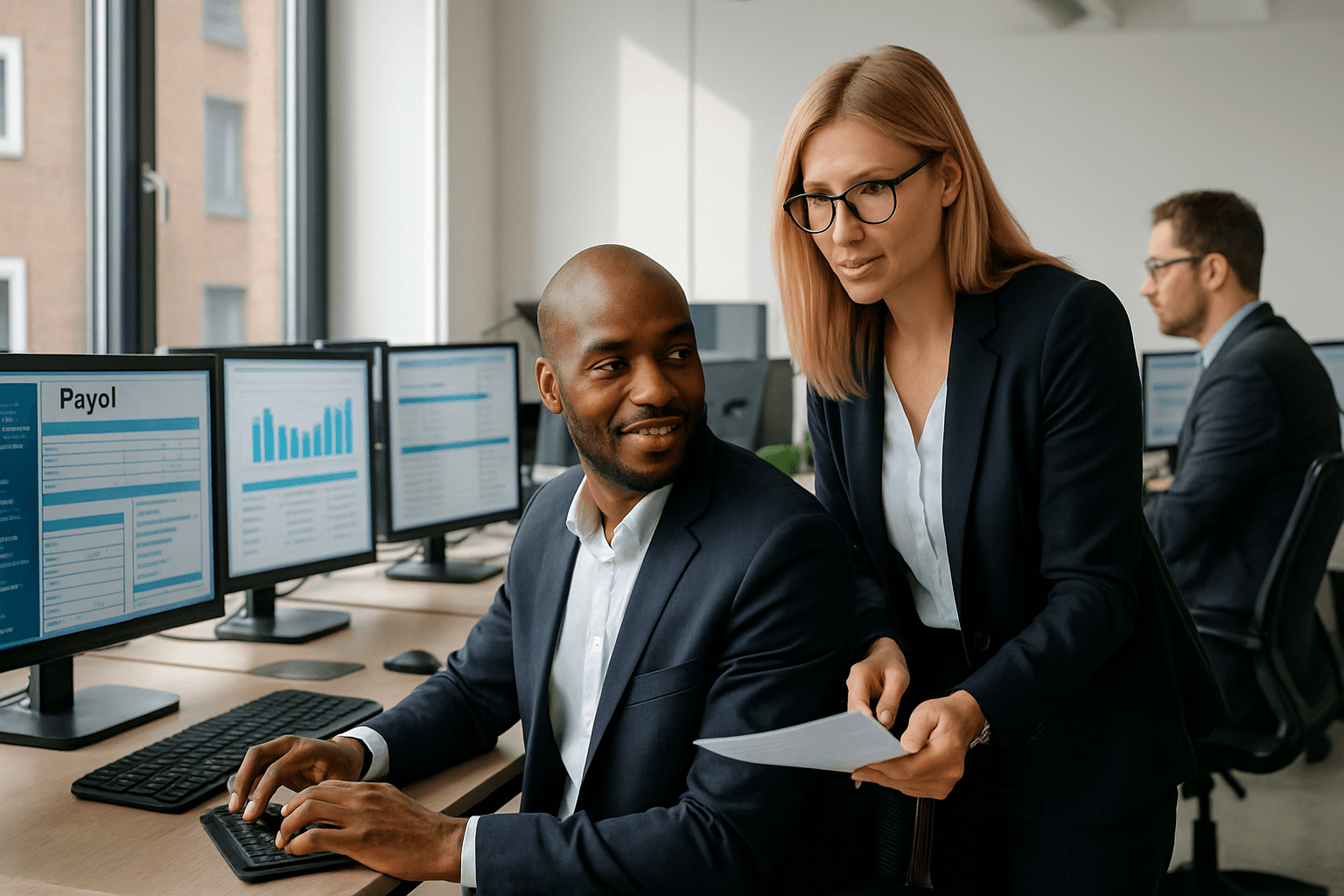 Payroll-Team eines externen Lohnbüros arbeitet an Mehrmonitor-Arbeitsplätzen im modernen Büro