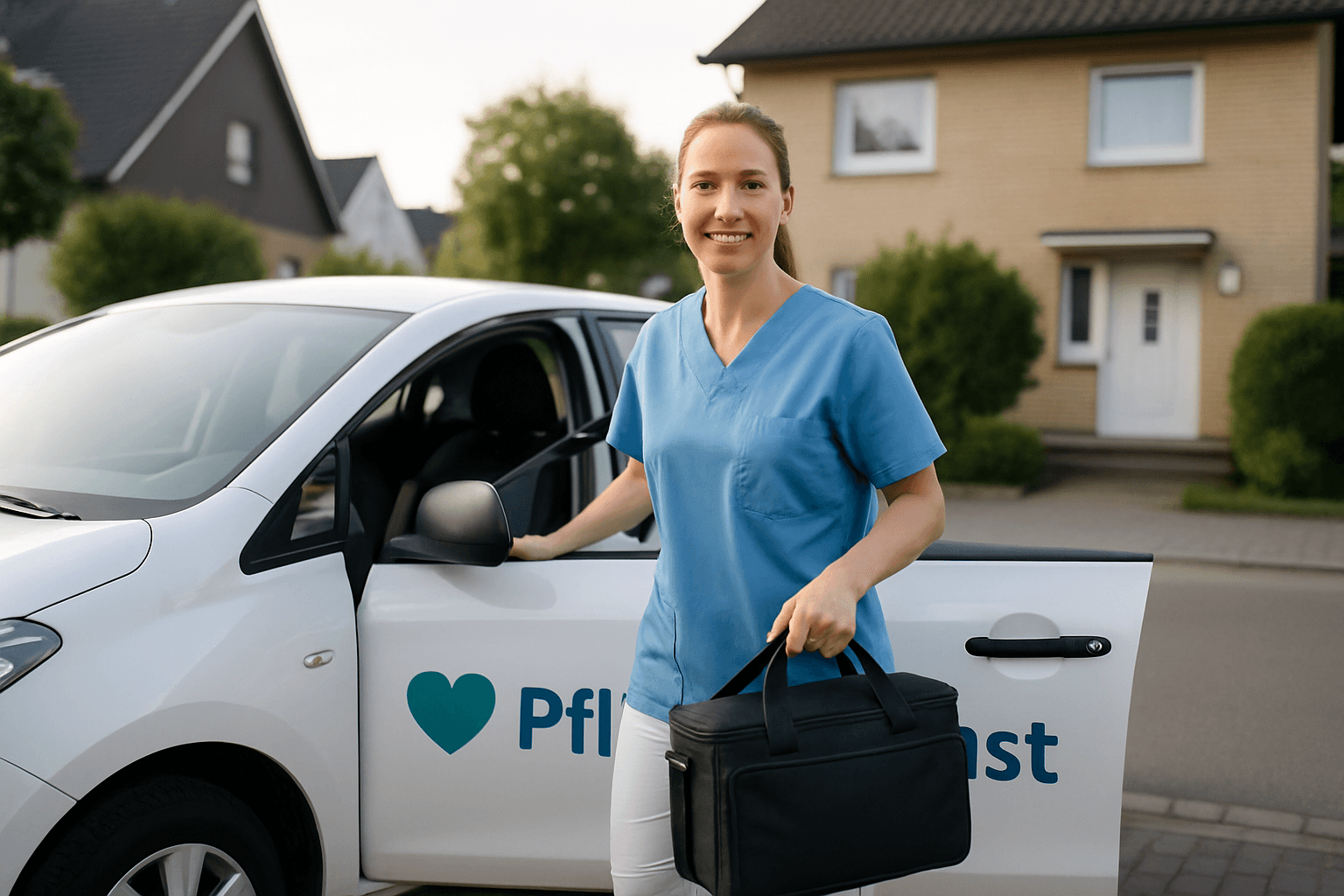 Ambulante Pflegekraft steigt mit Pflegetasche vor einem Wohnhaus aus dem Pflegedienst-Auto