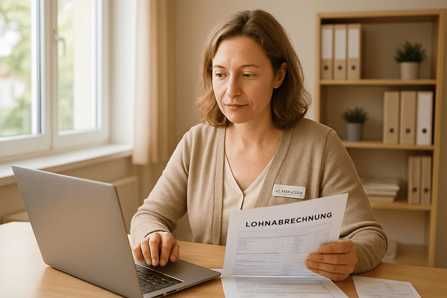 Verwaltungsleitung eines Pflegedienstes prüft Lohnabrechnungsunterlagen am Laptop im hellen Büro