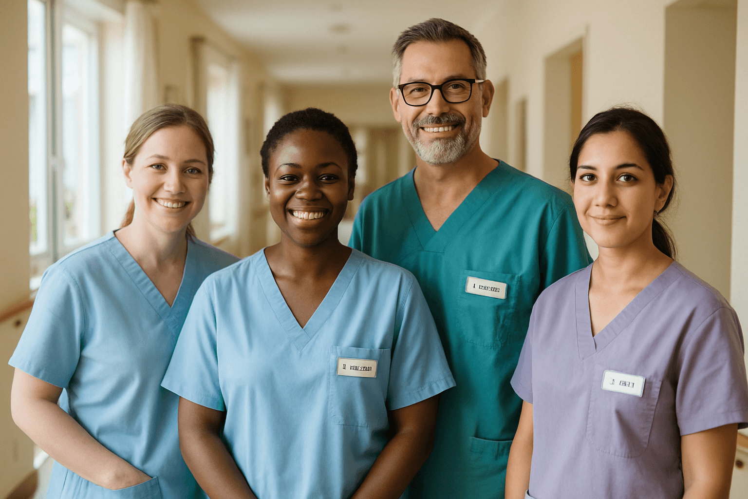 Team aus Pflegekräften in Arbeitskleidung im hellen Flur einer Pflegeeinrichtung