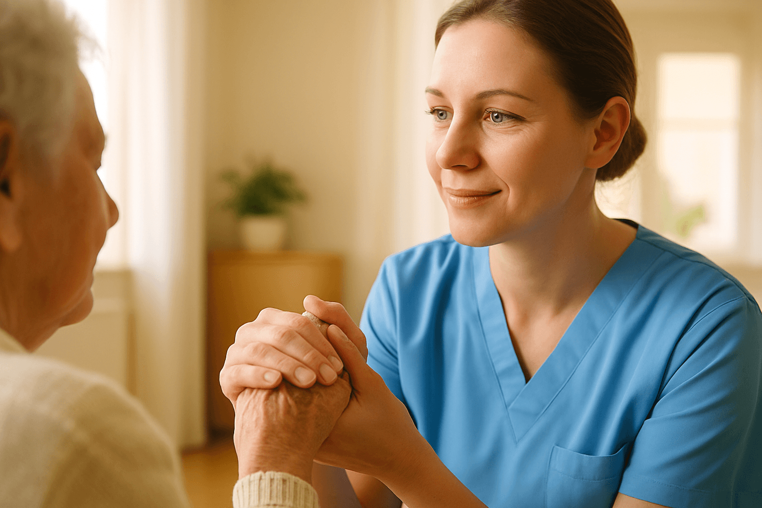 Pflegekraft hält fürsorglich die Hand einer älteren Person in einem hellen Pflegezimmer