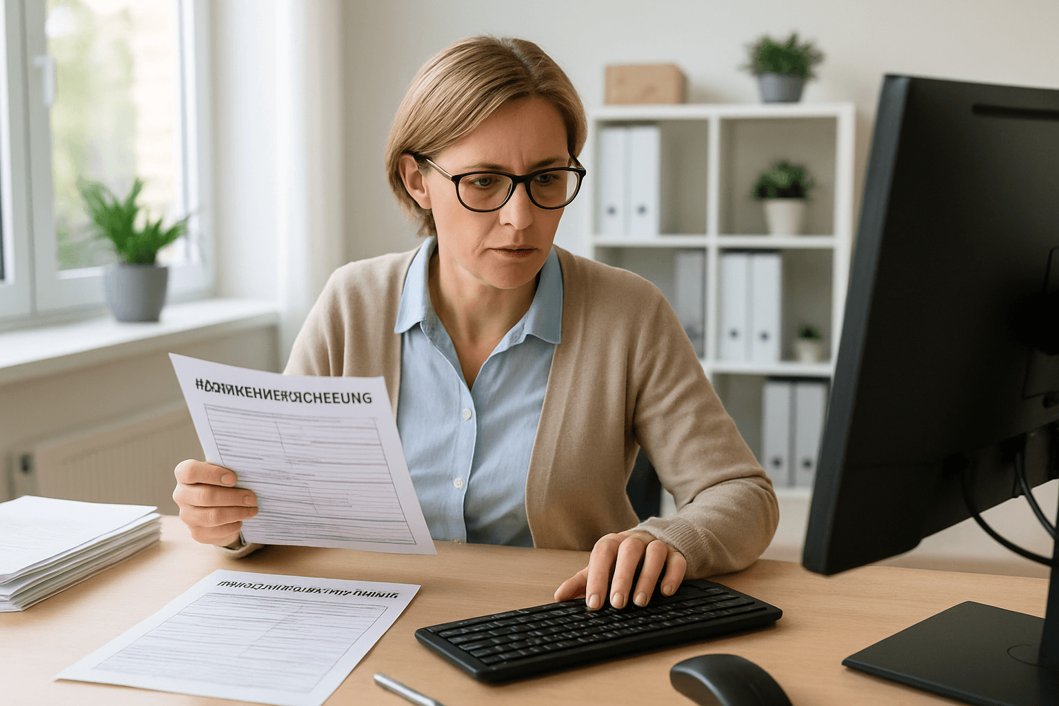 Pflege-Verwaltungskraft bearbeitet Meldungen und Unterlagen am Schreibtisch im hellen Büro