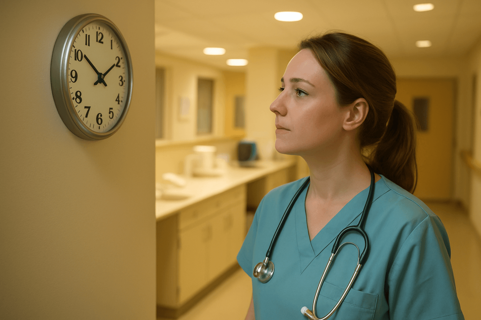 Pflegekraft im Sonntags- und Nachtdienst an einer hellen Pflegestation, Blick zur Uhr
