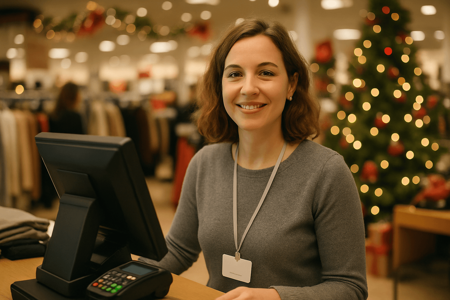 Freundliche Verkäuferin an der Kasse eines Bekleidungsgeschäfts im Weihnachtsgeschäft