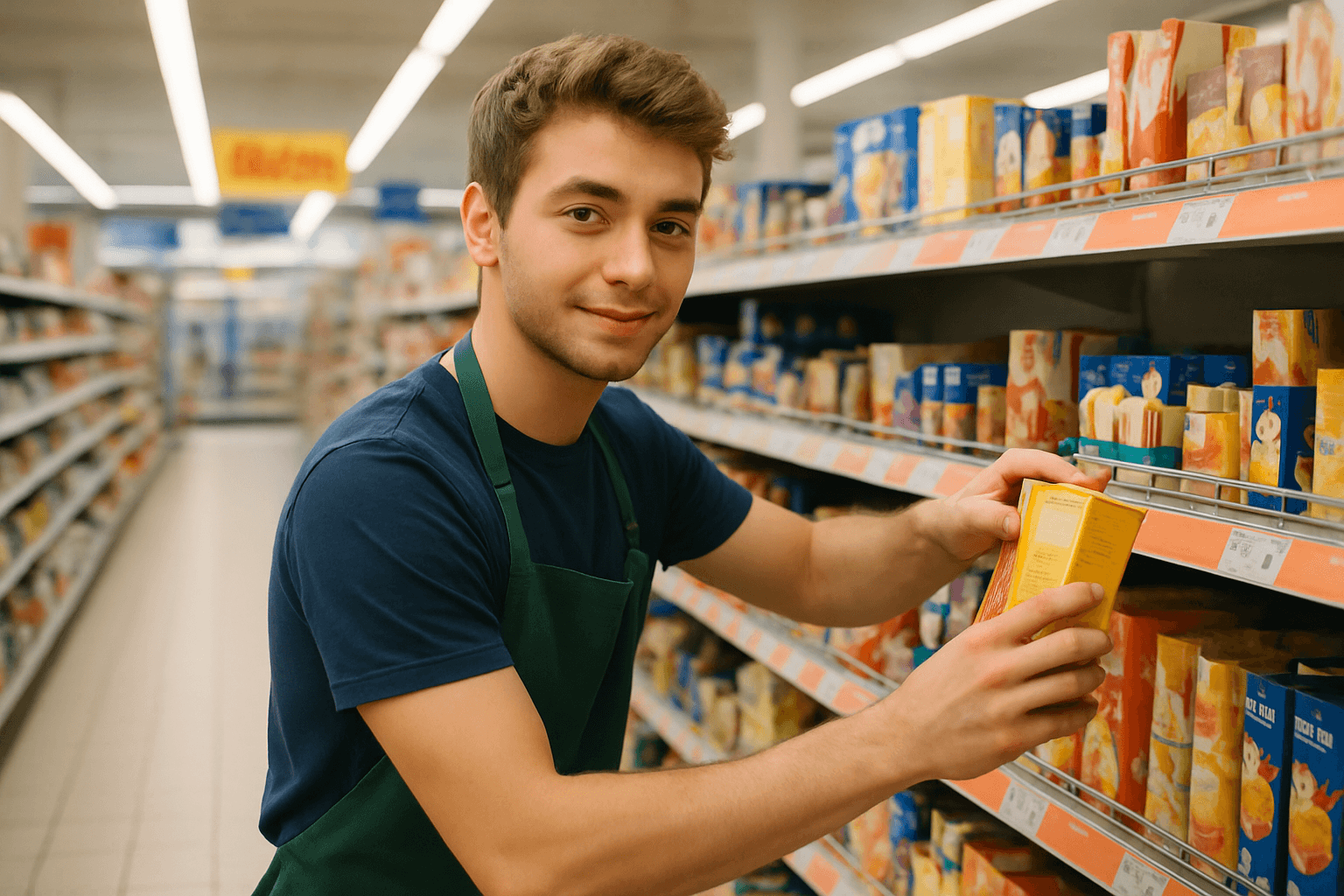 Teilzeitkraft räumt Waren in einem hellen Supermarktregal ein