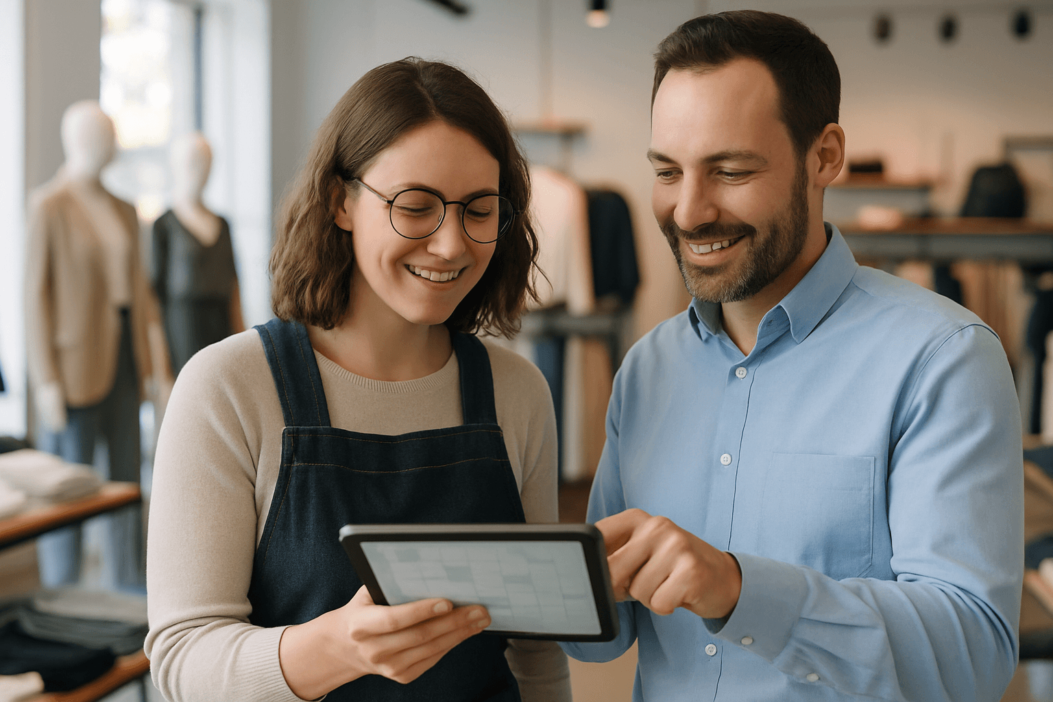 Zwei Einzelhandelskolleginnen besprechen einen Dienstplan am Tablet im Modegeschäft