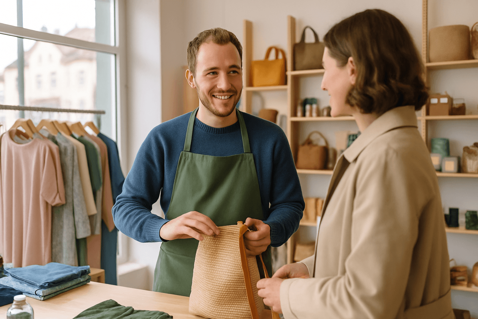 Freundliche Teilzeit-Verkäuferin berät eine Kundin in einer Boutique
