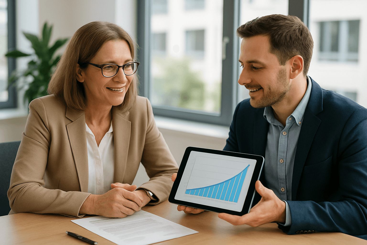 Personalberaterin und Mitarbeiter besprechen die betriebliche Altersvorsorge im modernen Büro