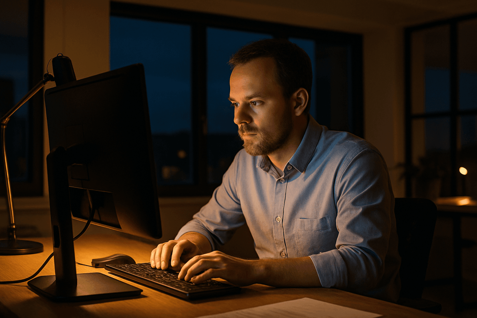 Mitarbeiter bei der Nachtschicht im warm beleuchteten Arbeitsumfeld am Abend