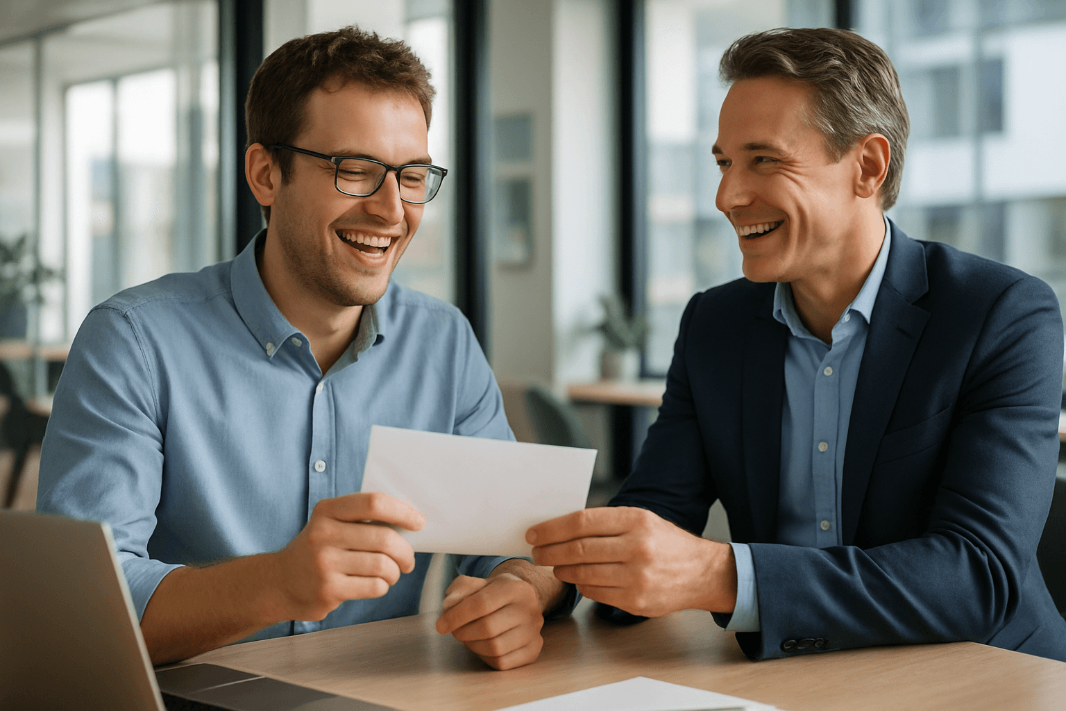 Führungskraft überreicht einem Mitarbeiter eine Sonderzahlung im hellen Büro