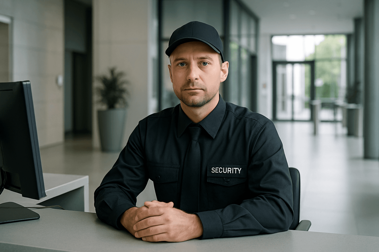 Sicherheitsmitarbeiter in Uniform am Empfang eines modernen Gebäudes bei Tageslicht