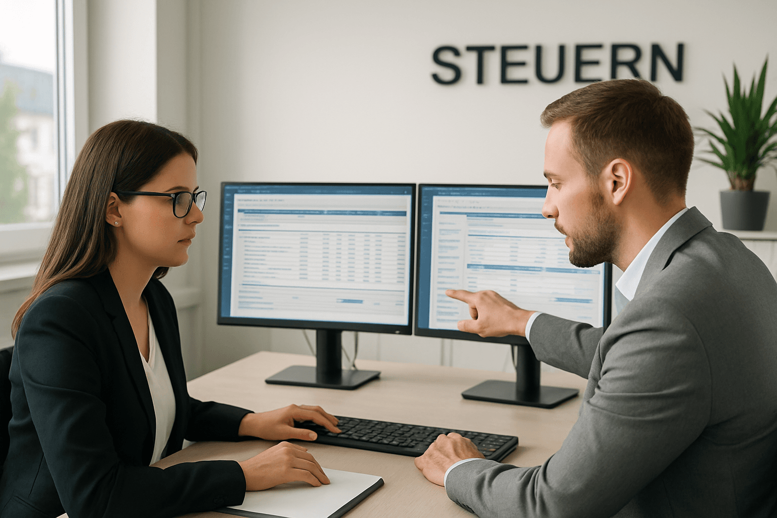 Zwei Fachleute verbinden Lohn- und DATEV-Systeme an Doppelmonitoren in einer Steuerkanzlei