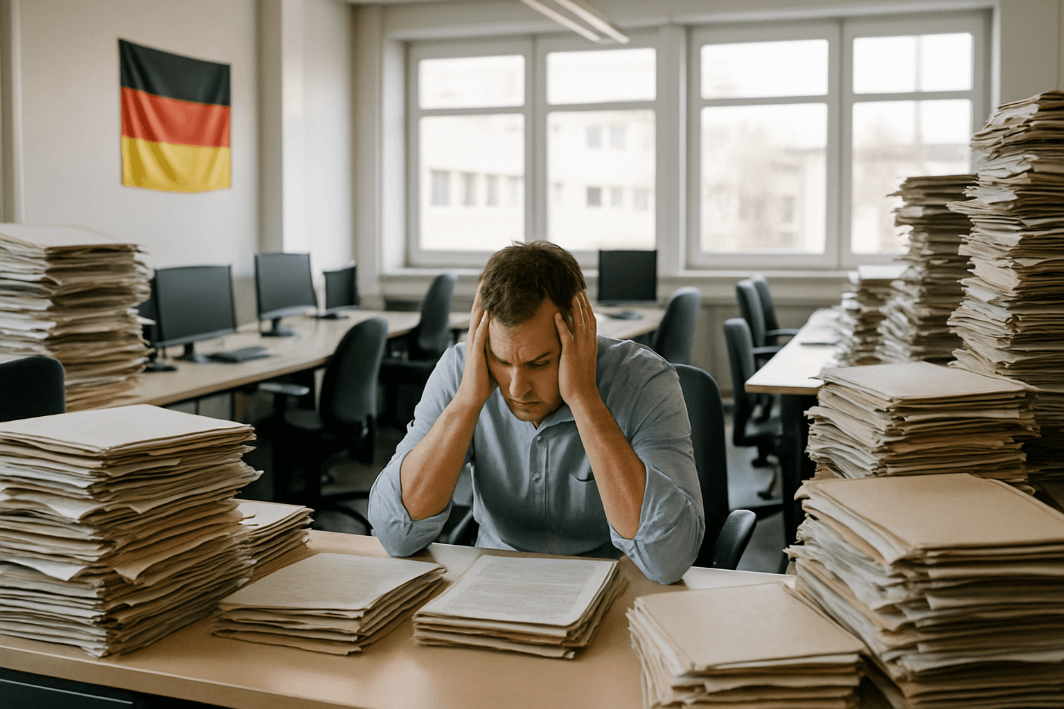 Überlastete Lohnabteilung einer Steuerkanzlei mit leeren Arbeitsplätzen und Aktenstapeln – Fachkräftemangel