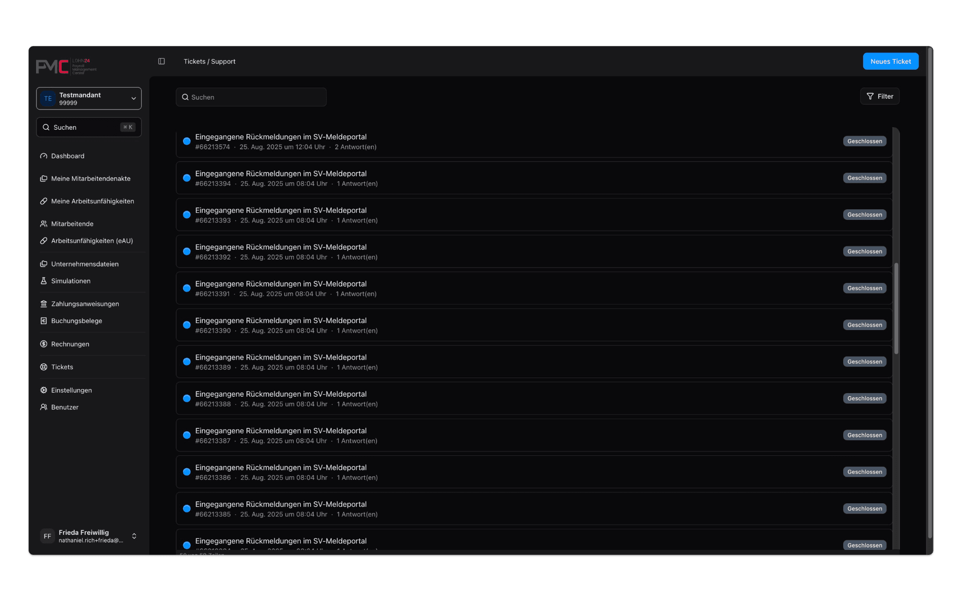 Ticket- und Support-Übersicht im PMC mit Betreff, Datum und Status je Anfrage